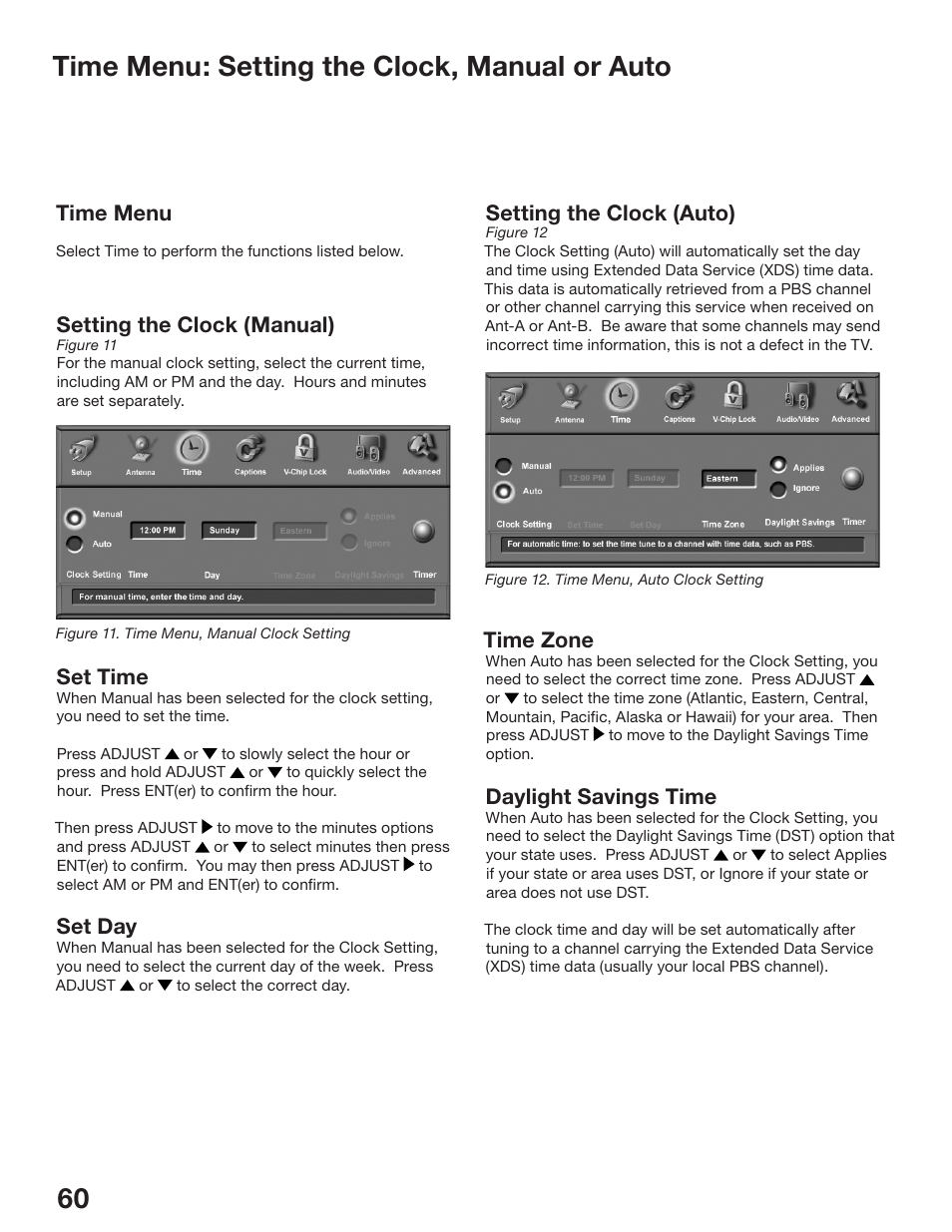 60 61 time menu: setting the clock, manual or auto, Setting the clock (auto), Time zone | Daylight savings time, Setting the clock (manual), Set time, Set day, Time menu | MITSUBISHI ELECTRIC WS-48513 User Manual | Page 60 / 110