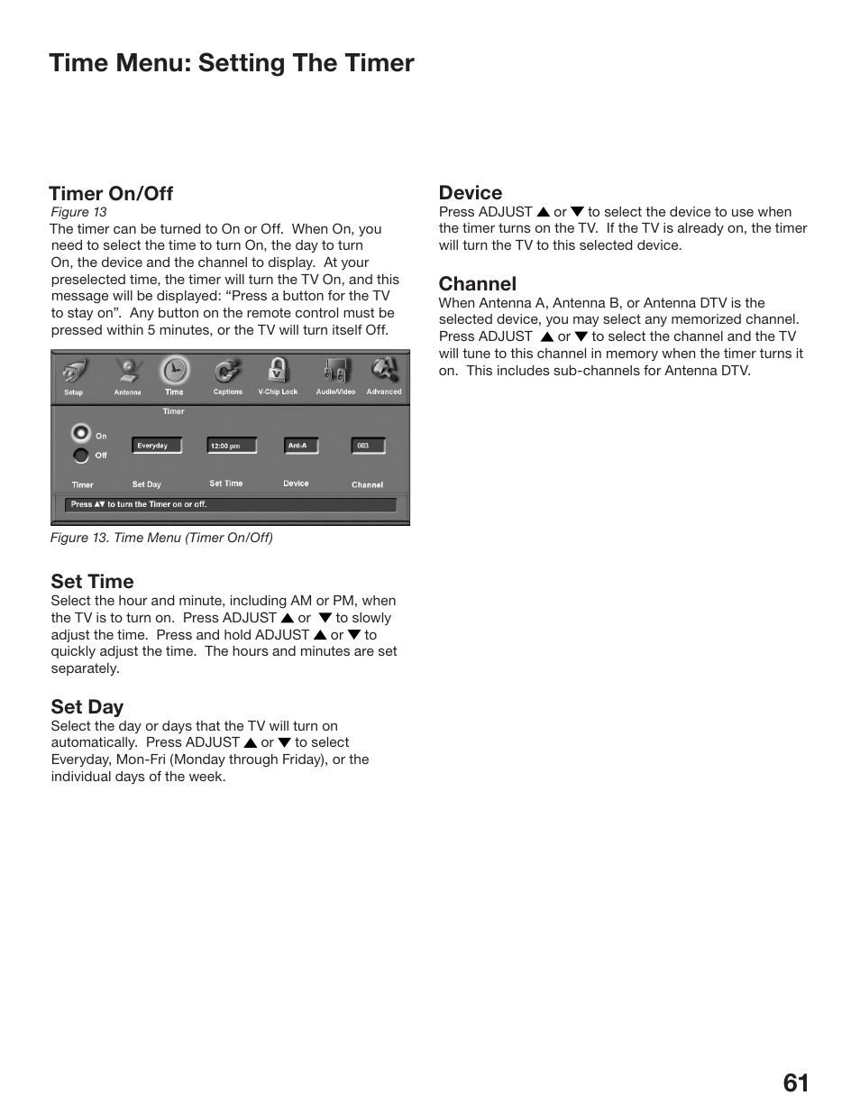 60 61 time menu: setting the timer | MITSUBISHI ELECTRIC WS-48513 User Manual | Page 61 / 110