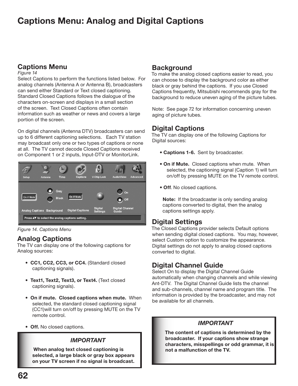 62 63 captions menu: analog and digital captions, Captions menu, Analog captions | Background, Digital captions, Digital settings, Digital channel guide | MITSUBISHI ELECTRIC WS-48513 User Manual | Page 62 / 110