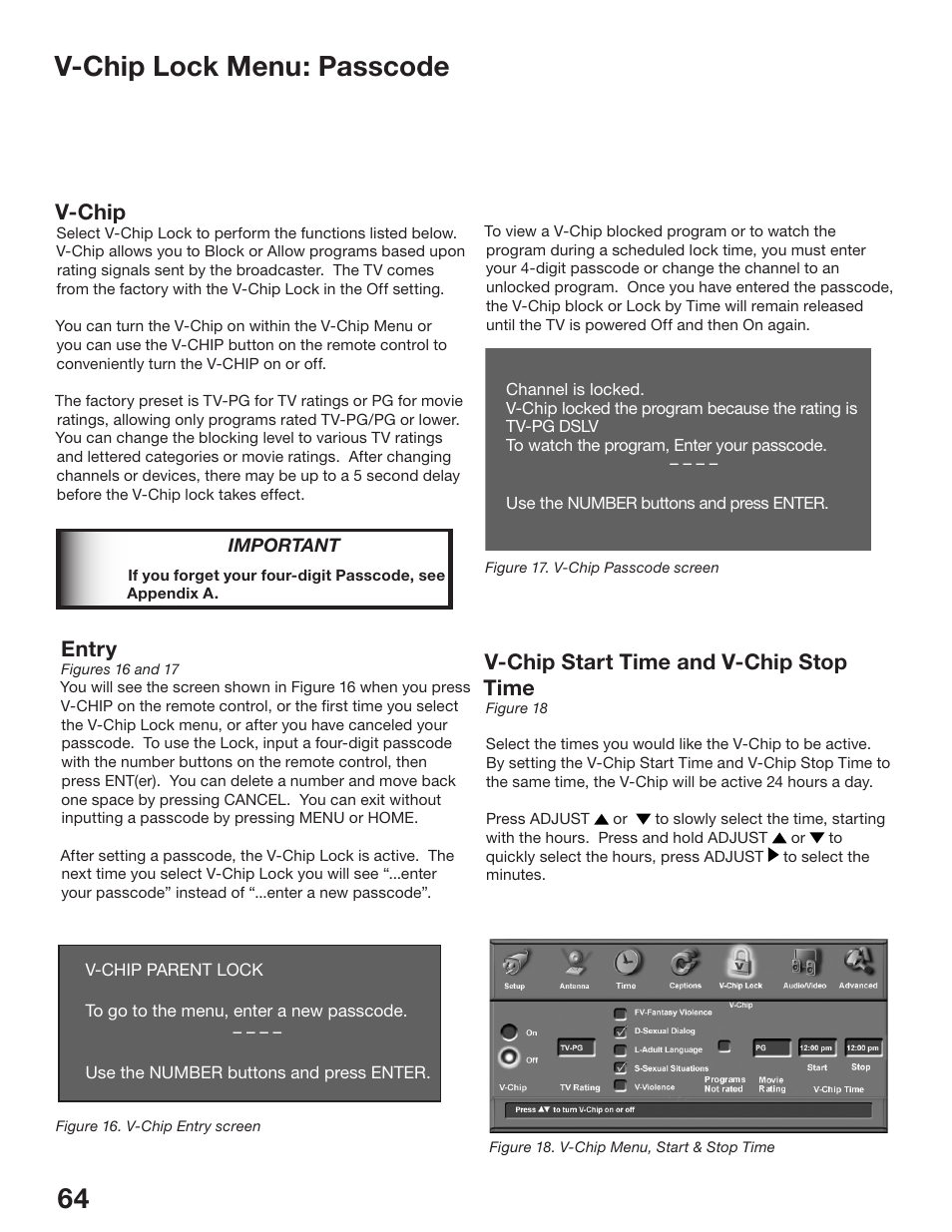 V-chip lock menu: passcode, V-chip, Entry | V-chip start time and v-chip stop time | MITSUBISHI ELECTRIC WS-48513 User Manual | Page 64 / 110