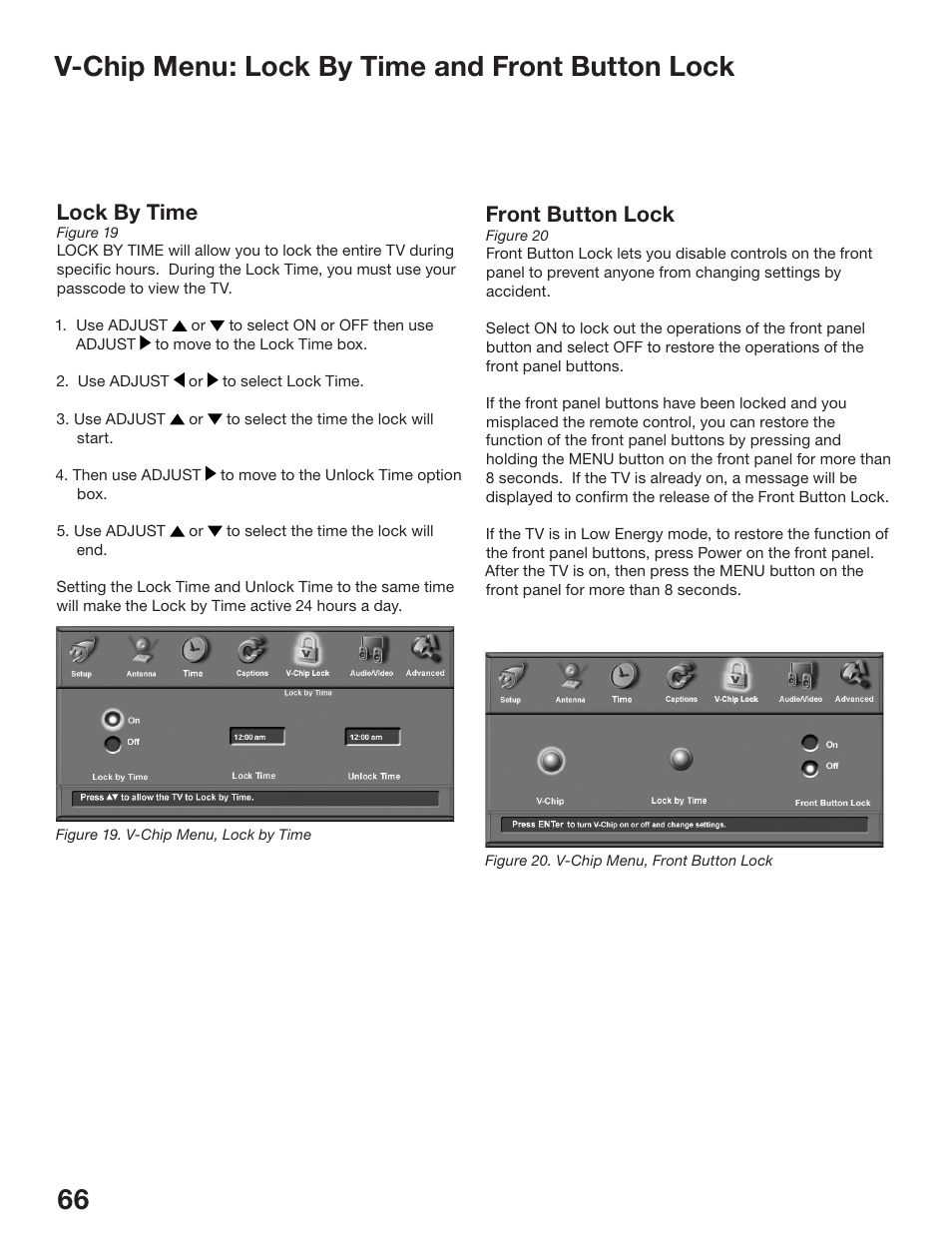 V-chip menu: lock by time and front button lock, Lock by time, Front button lock | MITSUBISHI ELECTRIC WS-48513 User Manual | Page 66 / 110