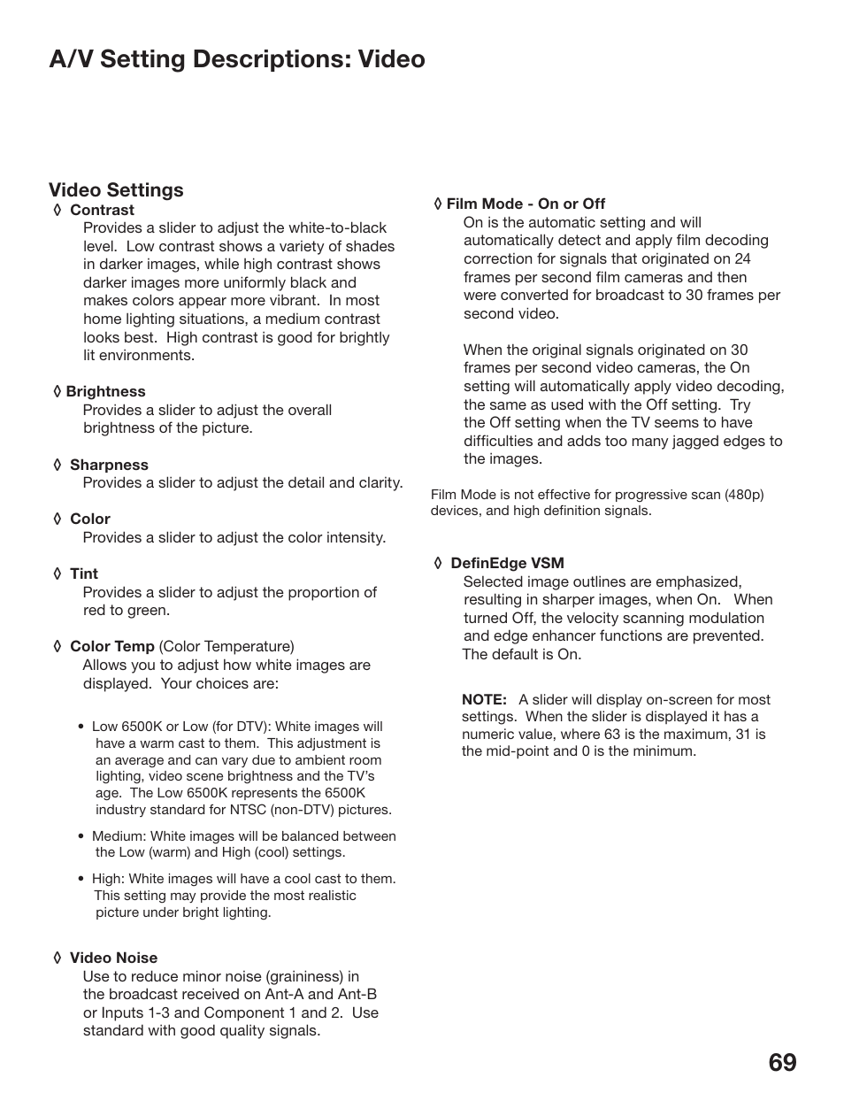 68 69 a/v setting descriptions: video, Video settings | MITSUBISHI ELECTRIC WS-48513 User Manual | Page 69 / 110