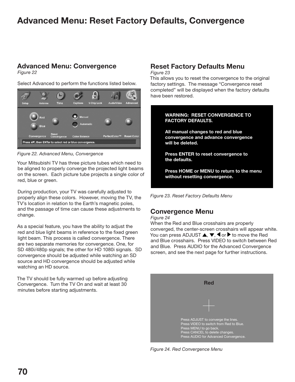 Advanced menu: convergence, Convergence menu, Reset factory defaults menu | MITSUBISHI ELECTRIC WS-48513 User Manual | Page 70 / 110