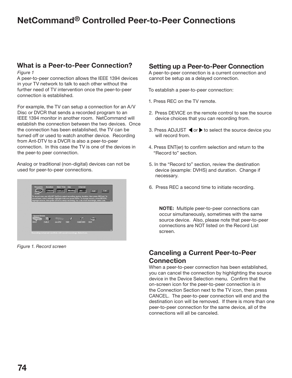 74 75 netcommand, Controlled peer-to-peer connections, What is a peer-to-peer connection | Setting up a peer-to-peer connection, Canceling a current peer-to-peer connection | MITSUBISHI ELECTRIC WS-48513 User Manual | Page 74 / 110