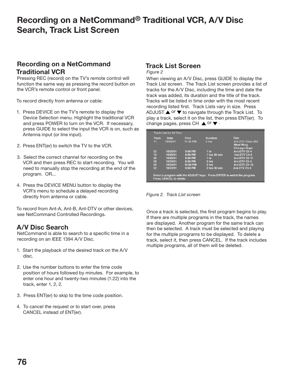 76 77 recording on a netcommand, Recording on a netcommand traditional vcr, A/v disc search | Track list screen | MITSUBISHI ELECTRIC WS-48513 User Manual | Page 76 / 110