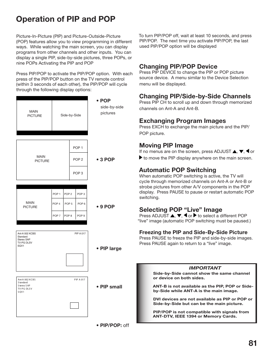 Operation of pip and pop, Changing pip/pop device, Changing pip/side-by-side channels | Exchanging program images, Moving pip image, Automatic pop switching, Selecting pop “live” image | MITSUBISHI ELECTRIC WS-48513 User Manual | Page 81 / 110