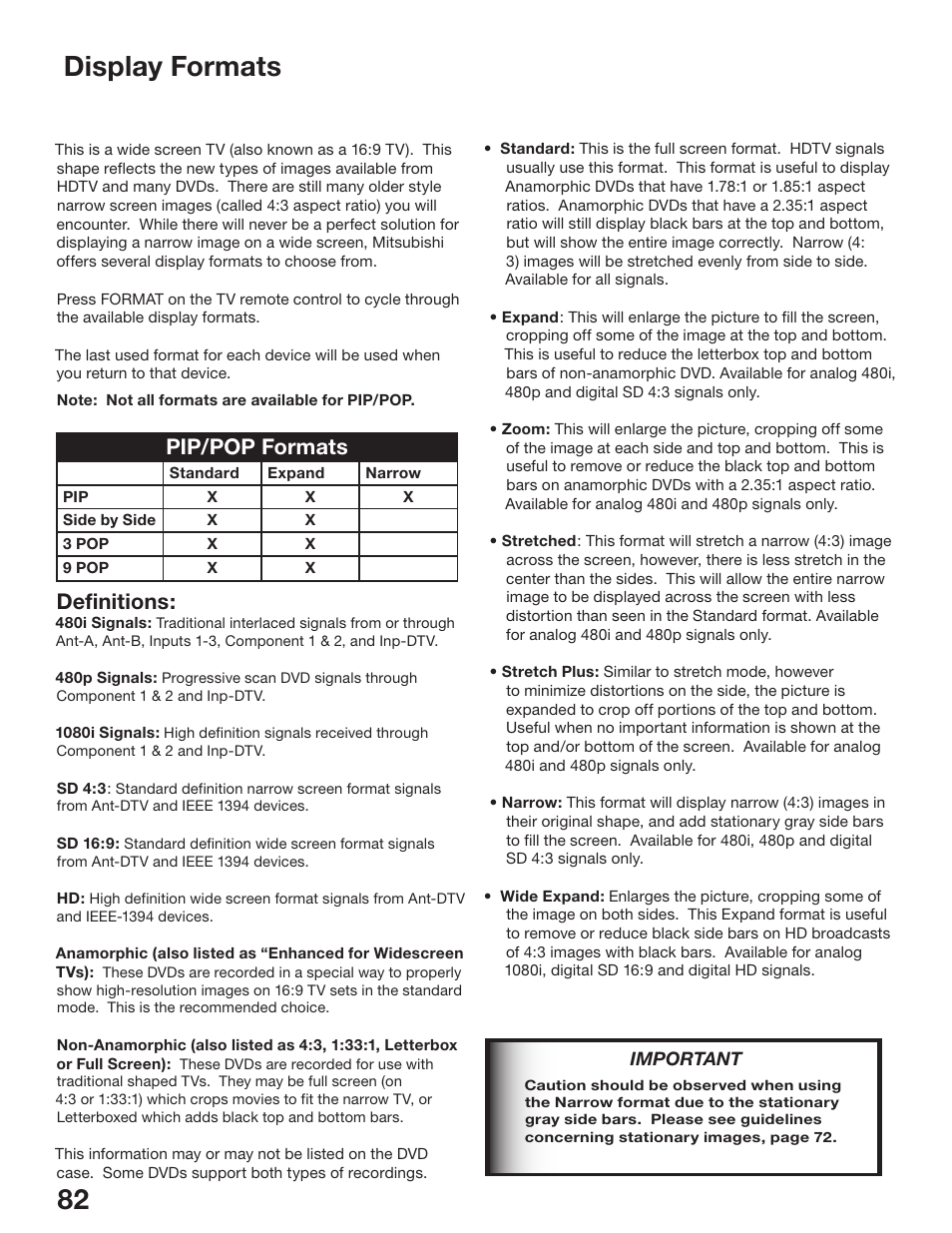 82 83 display formats, Definitions, Pip/pop formats | MITSUBISHI ELECTRIC WS-48513 User Manual | Page 82 / 110