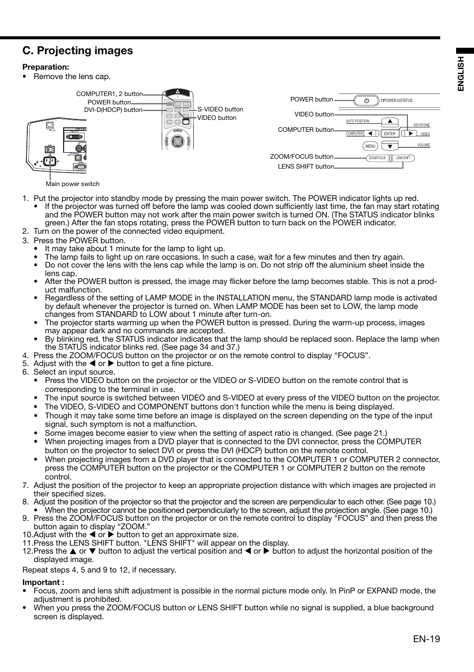 C. projecting images, En-19 | MITSUBISHI ELECTRIC XD2000U User Manual | Page 19 / 41