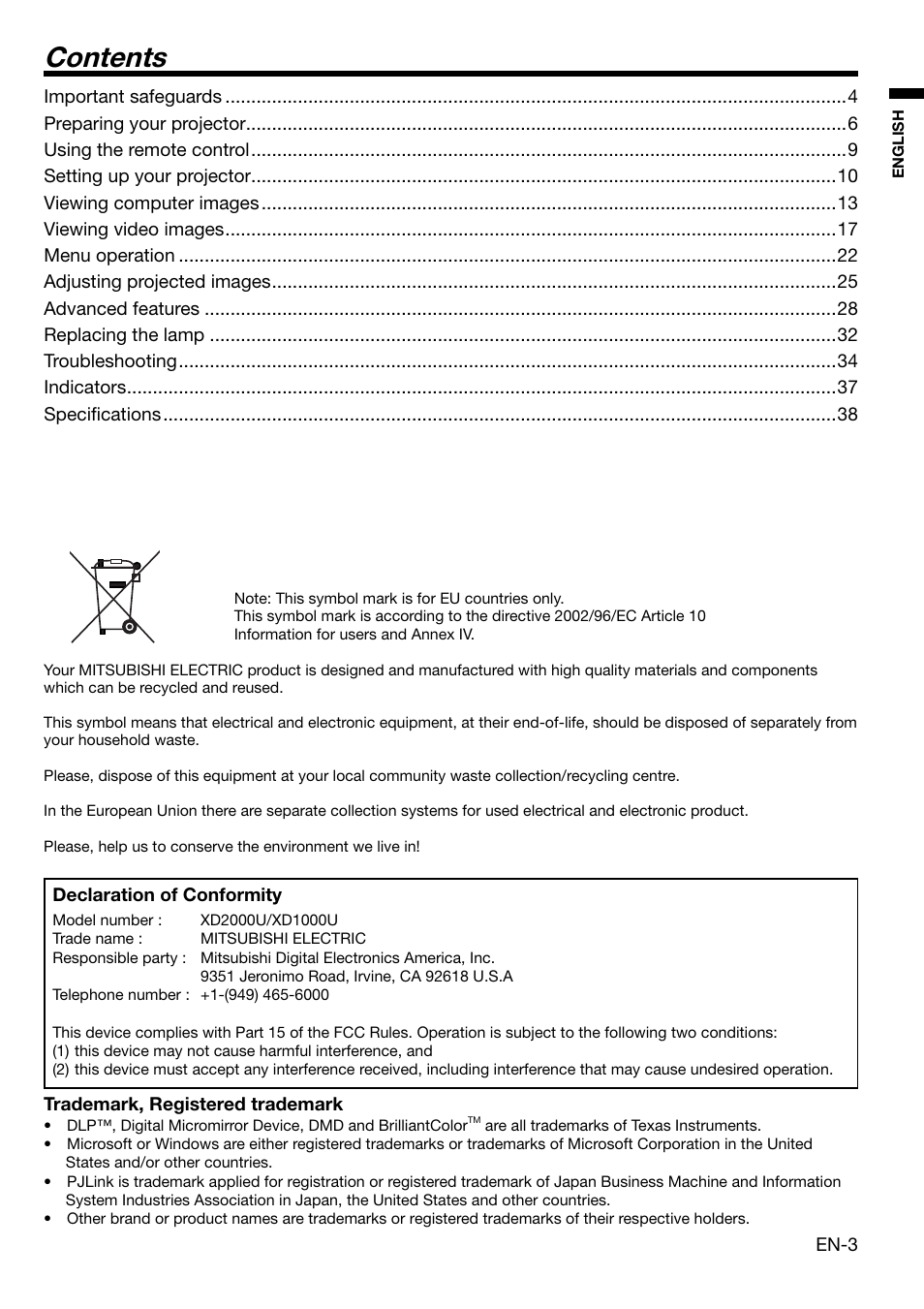 MITSUBISHI ELECTRIC XD2000U User Manual | Page 3 / 41