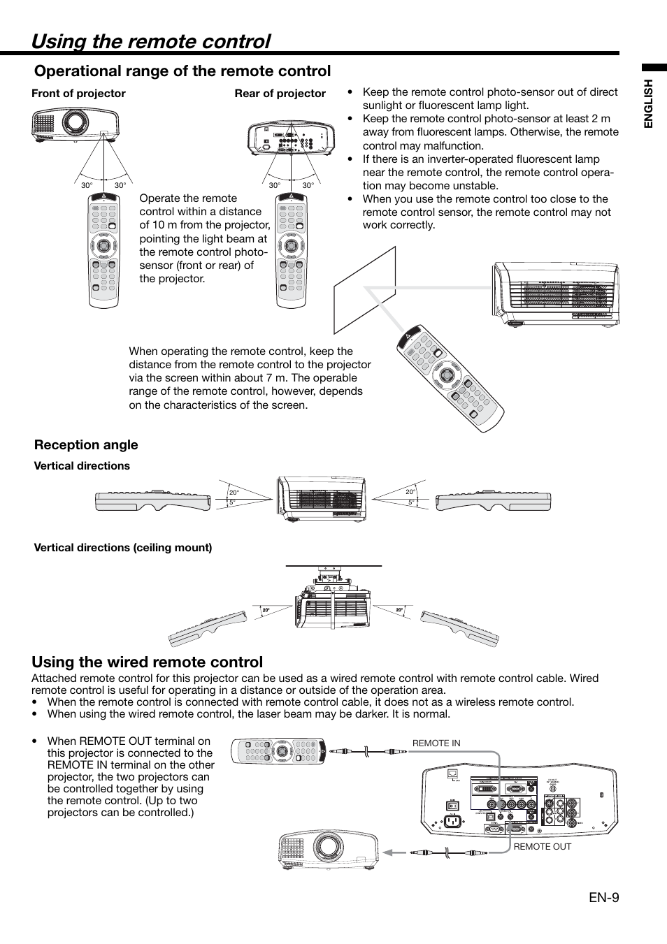 Using the remote control, Operational range of the remote control, Using the wired remote control | En-9, Reception angle | MITSUBISHI ELECTRIC XD2000U User Manual | Page 9 / 41