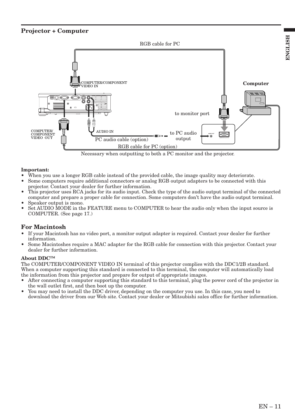 En – 11, Projector + computer, For macintosh | MITSUBISHI ELECTRIC XL5U User Manual | Page 11 / 34