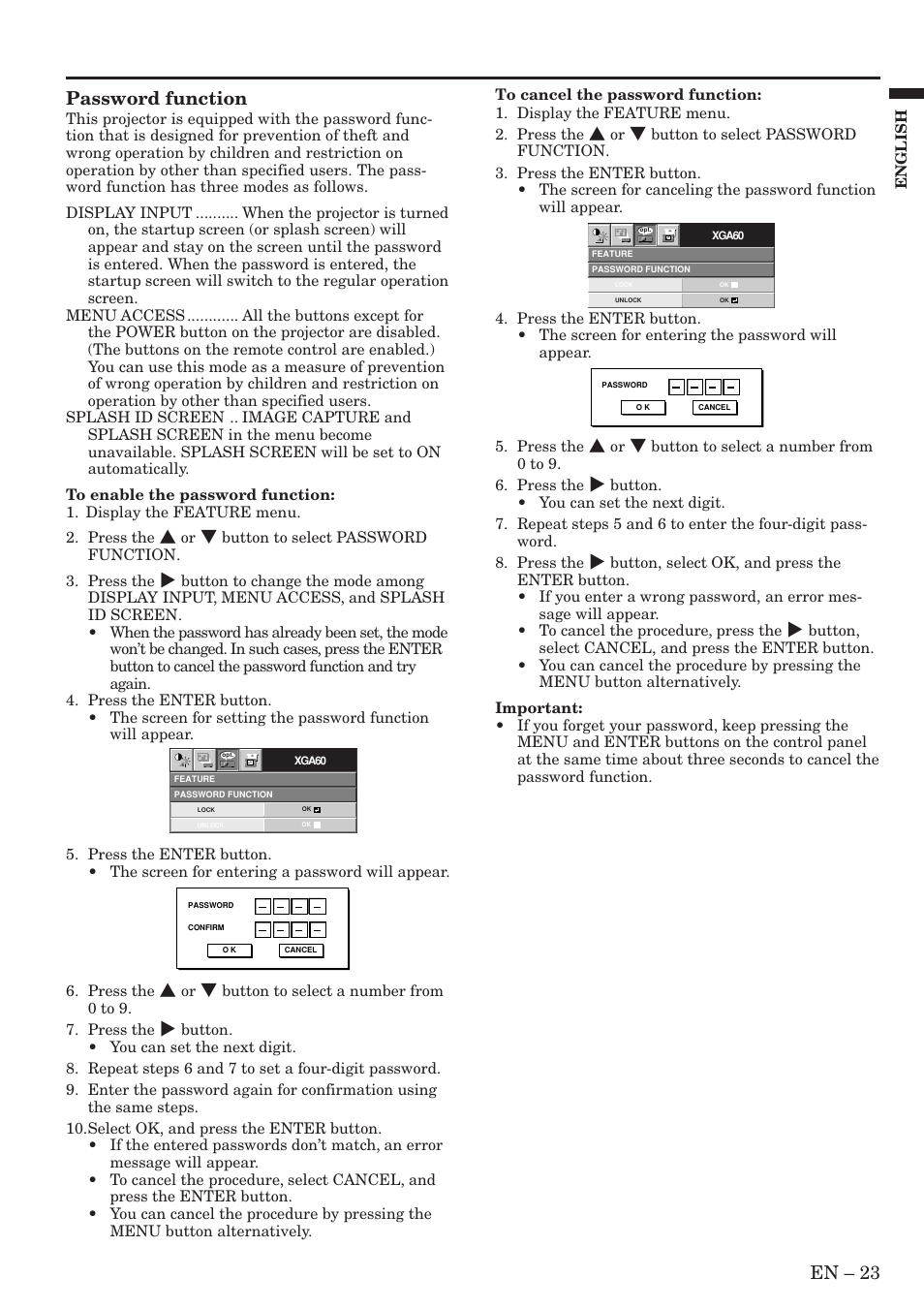 En – 23, Password function | MITSUBISHI ELECTRIC XL5U User Manual | Page 23 / 34