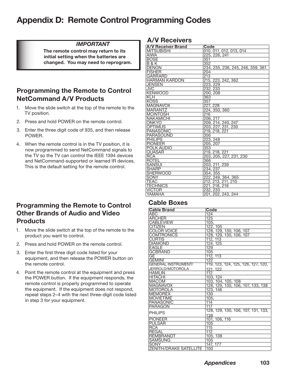 Appendix d: remote control programming codes, A/v receivers, Appendices 103 | Important | MITSUBISHI ELECTRIC TM WD-62827 User Manual | Page 103 / 129