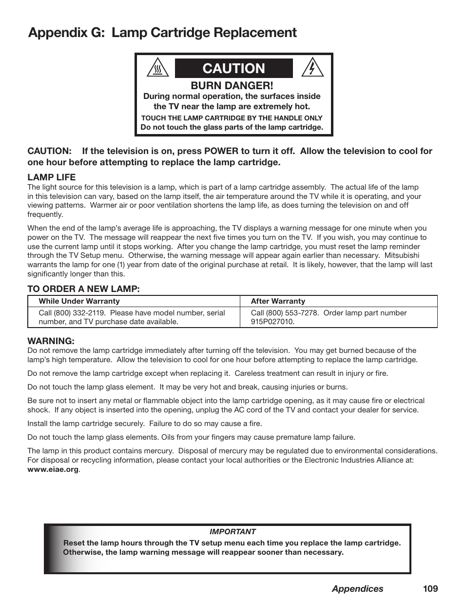 Caution, Appendix g: lamp cartridge replacement, Burn danger | MITSUBISHI ELECTRIC TM WD-62827 User Manual | Page 110 / 129