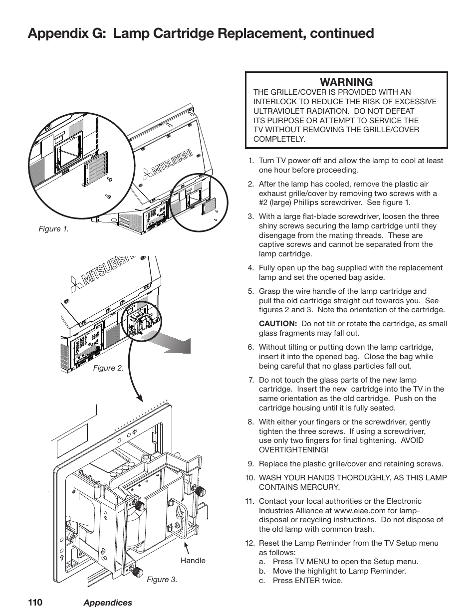 Appendix g: lamp cartridge replacement, continued, Warning | MITSUBISHI ELECTRIC TM WD-62827 User Manual | Page 111 / 129