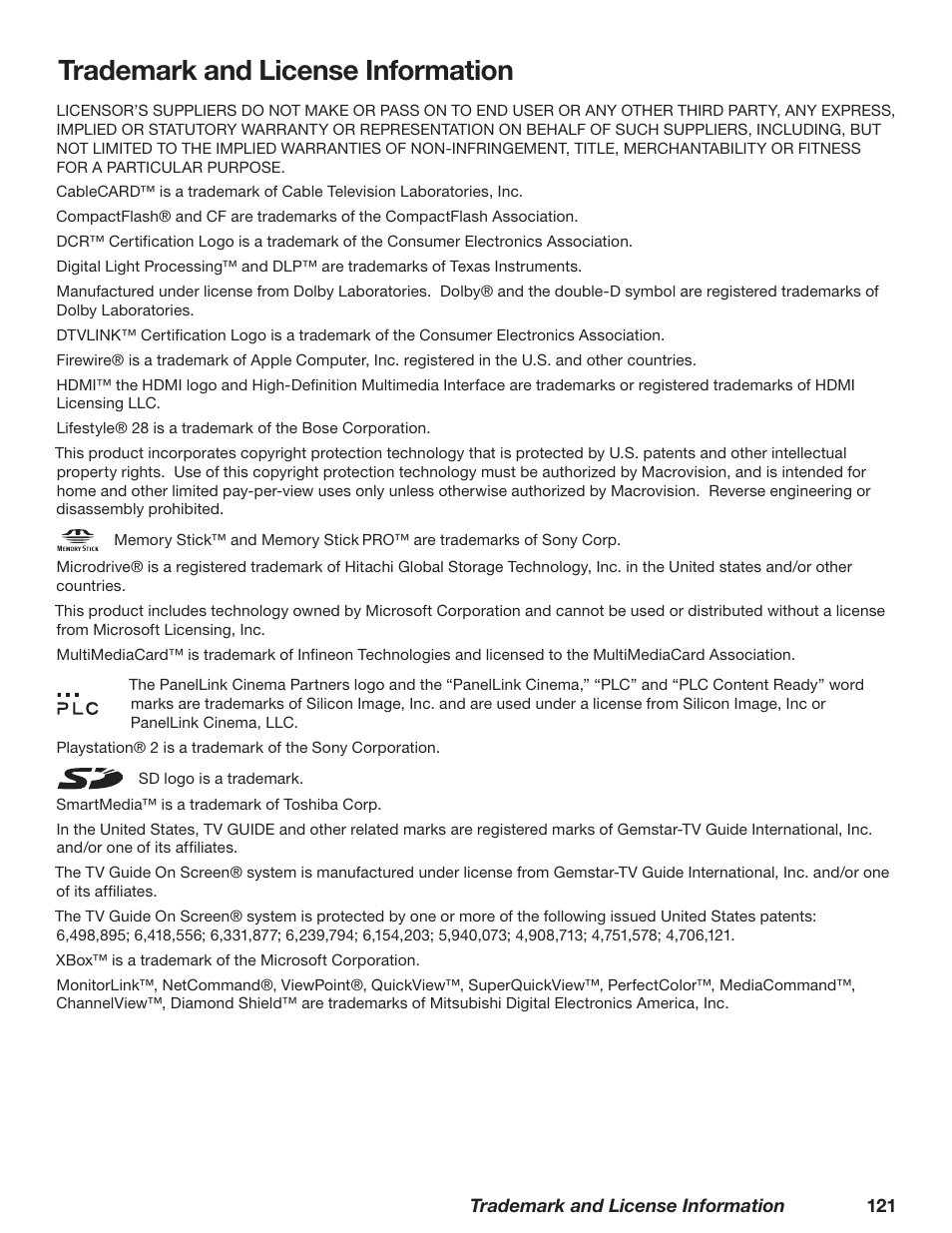 Trademark and license information | MITSUBISHI ELECTRIC TM WD-62827 User Manual | Page 122 / 129