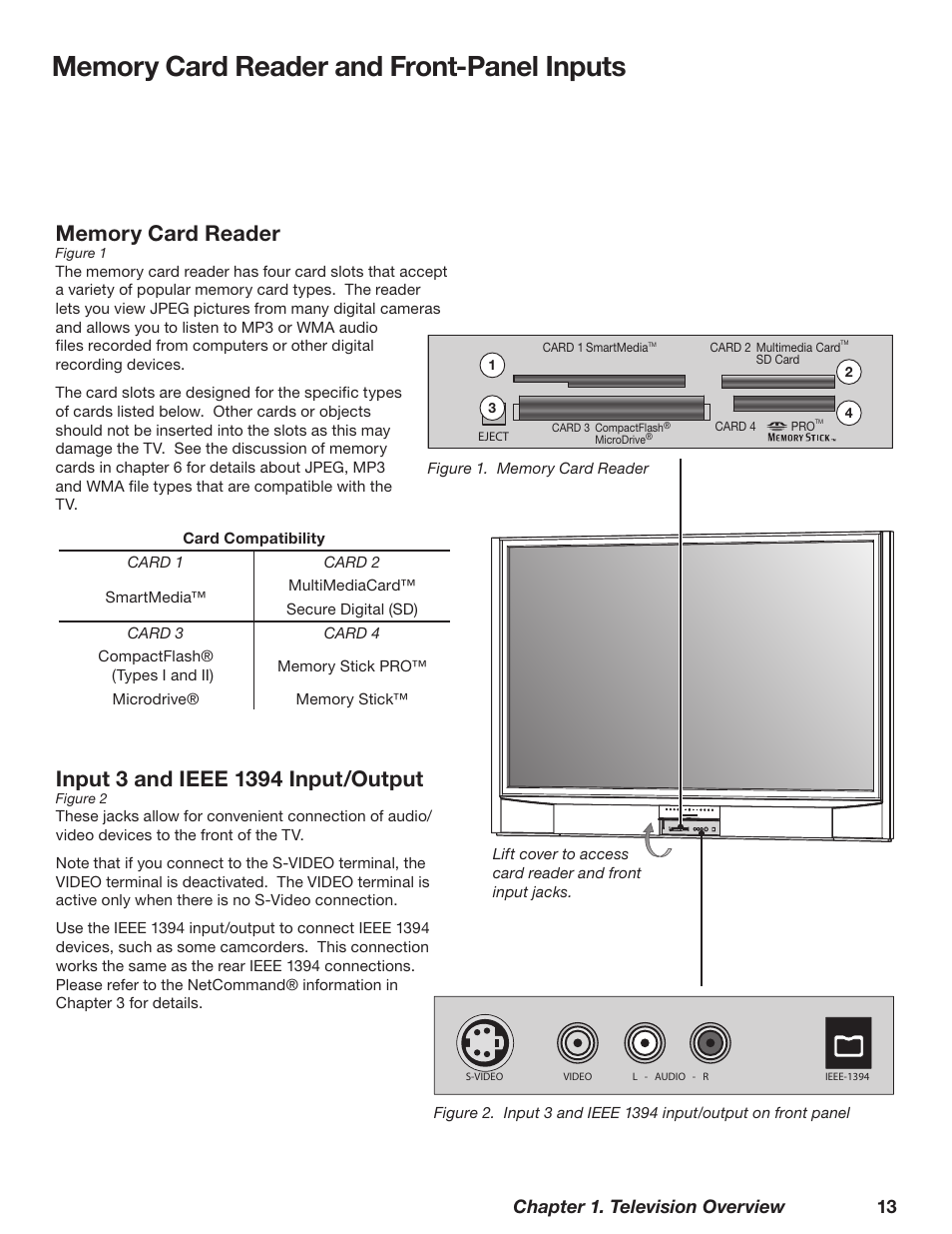 Input 3 and ieee 139 input/output, Chapter 1. television overview 13 | MITSUBISHI ELECTRIC TM WD-62827 User Manual | Page 13 / 129