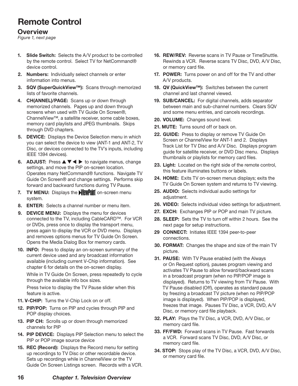 Remote control, Overview | MITSUBISHI ELECTRIC TM WD-62827 User Manual | Page 16 / 129