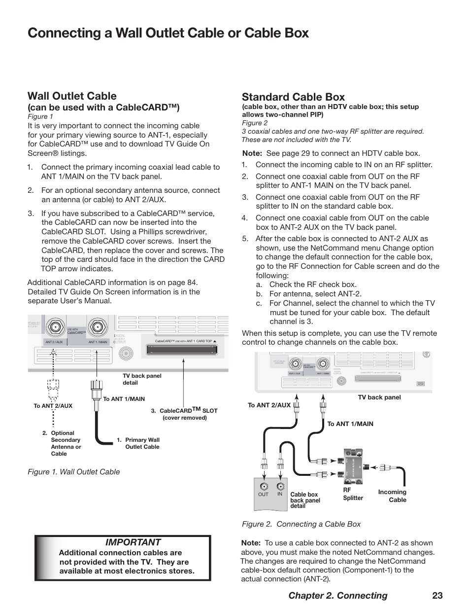 Connecting a wall outlet cable or cable box, Wall outlet cable, Standard cable box | Chapter 2. connecting 23, Important, Can be used with a cablecard™), Figure 1. wall outlet cable, Figure 1 | MITSUBISHI ELECTRIC TM WD-62827 User Manual | Page 23 / 129