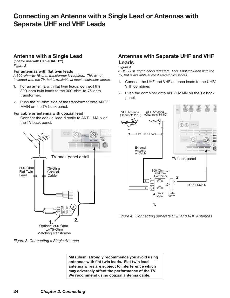 Antennas with separate uhf and vhf leads, Antenna with a single lead, Chapter 2. connecting | 57cbdlqbofmefubjm, For antennas with flat twin leads, Not for use with cablecard™) figure 3, 0in $pbyjbm $bcmf | MITSUBISHI ELECTRIC TM WD-62827 User Manual | Page 24 / 129