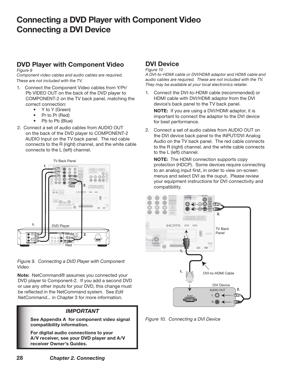 Dvd player with component video, Dvi device, Important | Chapter 2. connecting, Figure 10. connecting a dvi device, 1c1s jqqj, 8ijuf | MITSUBISHI ELECTRIC TM WD-62827 User Manual | Page 28 / 129