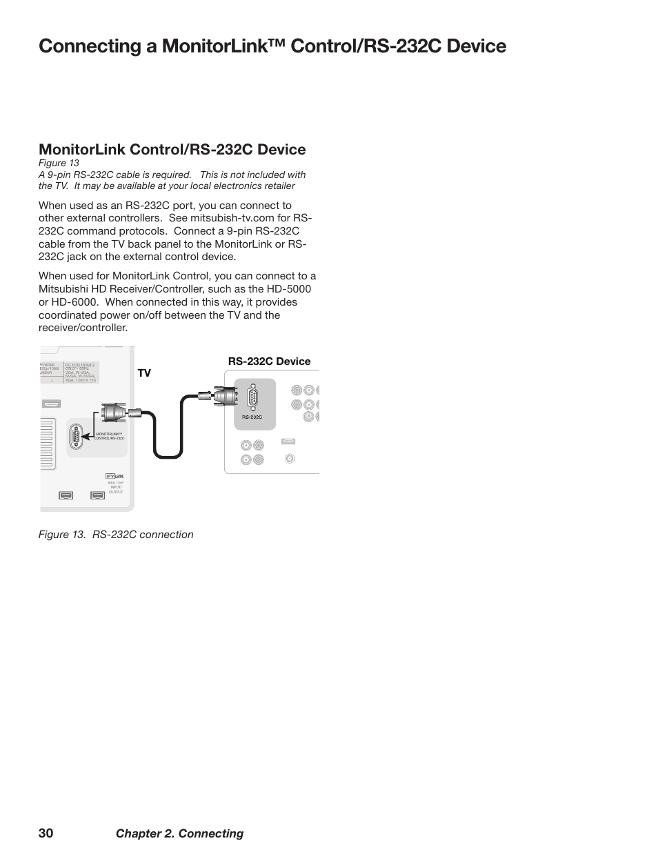 Connecting a monitorlink™ control/rs-232c device, Monitorlink control/ rs-232c device, Chapter 2. connecting | MITSUBISHI ELECTRIC TM WD-62827 User Manual | Page 30 / 129