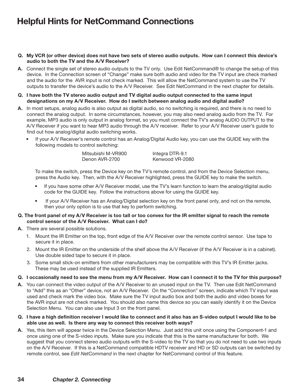 Helpful hints for netcommand connections | MITSUBISHI ELECTRIC TM WD-62827 User Manual | Page 34 / 129