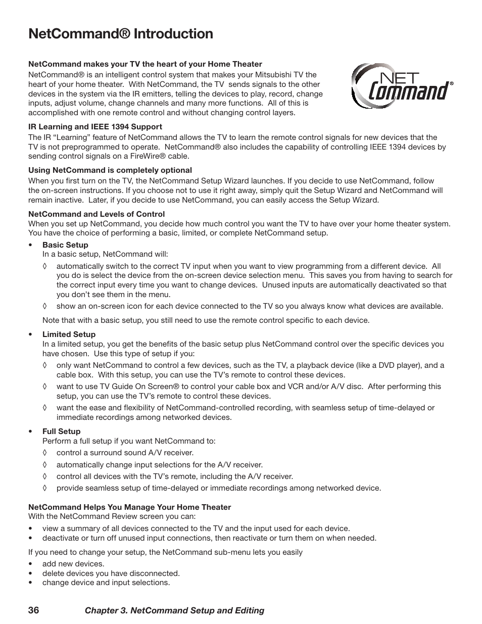 Netcommand® introduction | MITSUBISHI ELECTRIC TM WD-62827 User Manual | Page 36 / 129