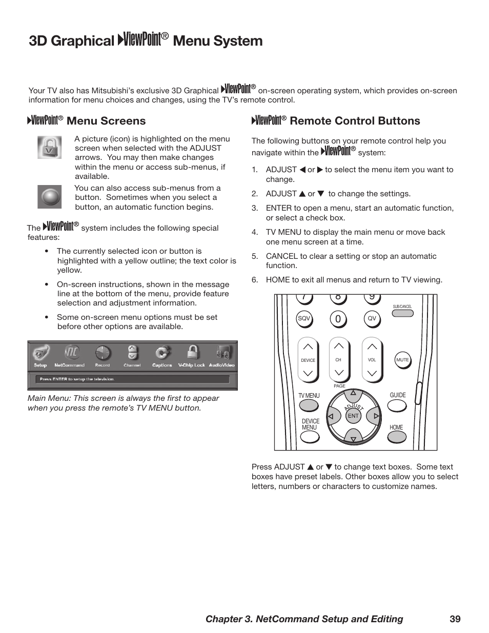 3d graphical menu system, Remote control buttons, Menu screens | Chapter 3. netcommand setup and editing 39 | MITSUBISHI ELECTRIC TM WD-62827 User Manual | Page 39 / 129