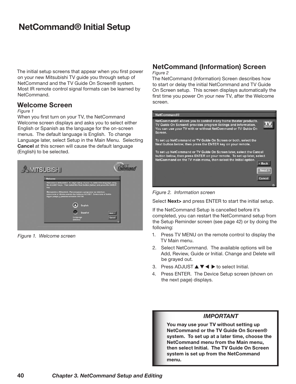 Netcommand® initial setup, Welcome screen, Netcommand (information) screen | MITSUBISHI ELECTRIC TM WD-62827 User Manual | Page 40 / 129