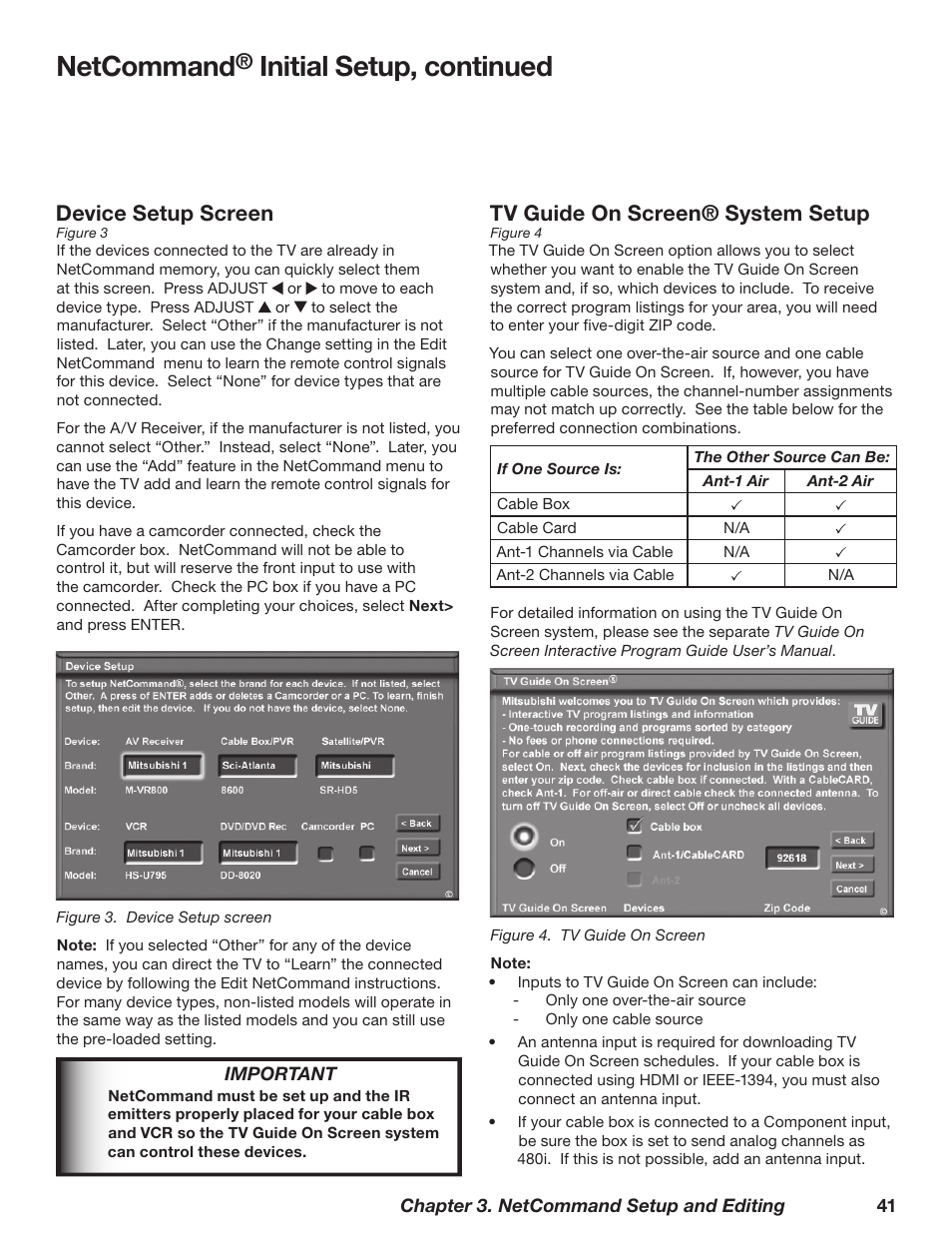 Netcommand, Initial setup, continued, Device setup screen | Tv guide on screen® system setup | MITSUBISHI ELECTRIC TM WD-62827 User Manual | Page 41 / 129