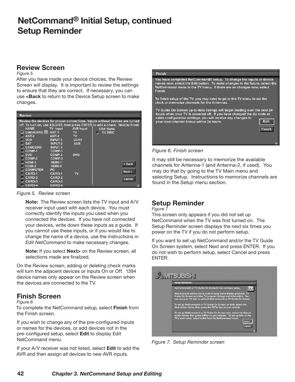Netcommand, Initial setup, continued setup reminder, Review screen | Finish screen, Setup reminder | MITSUBISHI ELECTRIC TM WD-62827 User Manual | Page 42 / 129