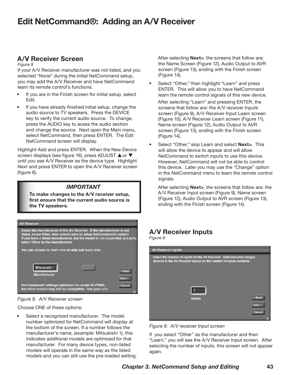 Edit netcommand®: adding an a/v receiver, A/v receiver screen, A/v receiver inputs | MITSUBISHI ELECTRIC TM WD-62827 User Manual | Page 43 / 129