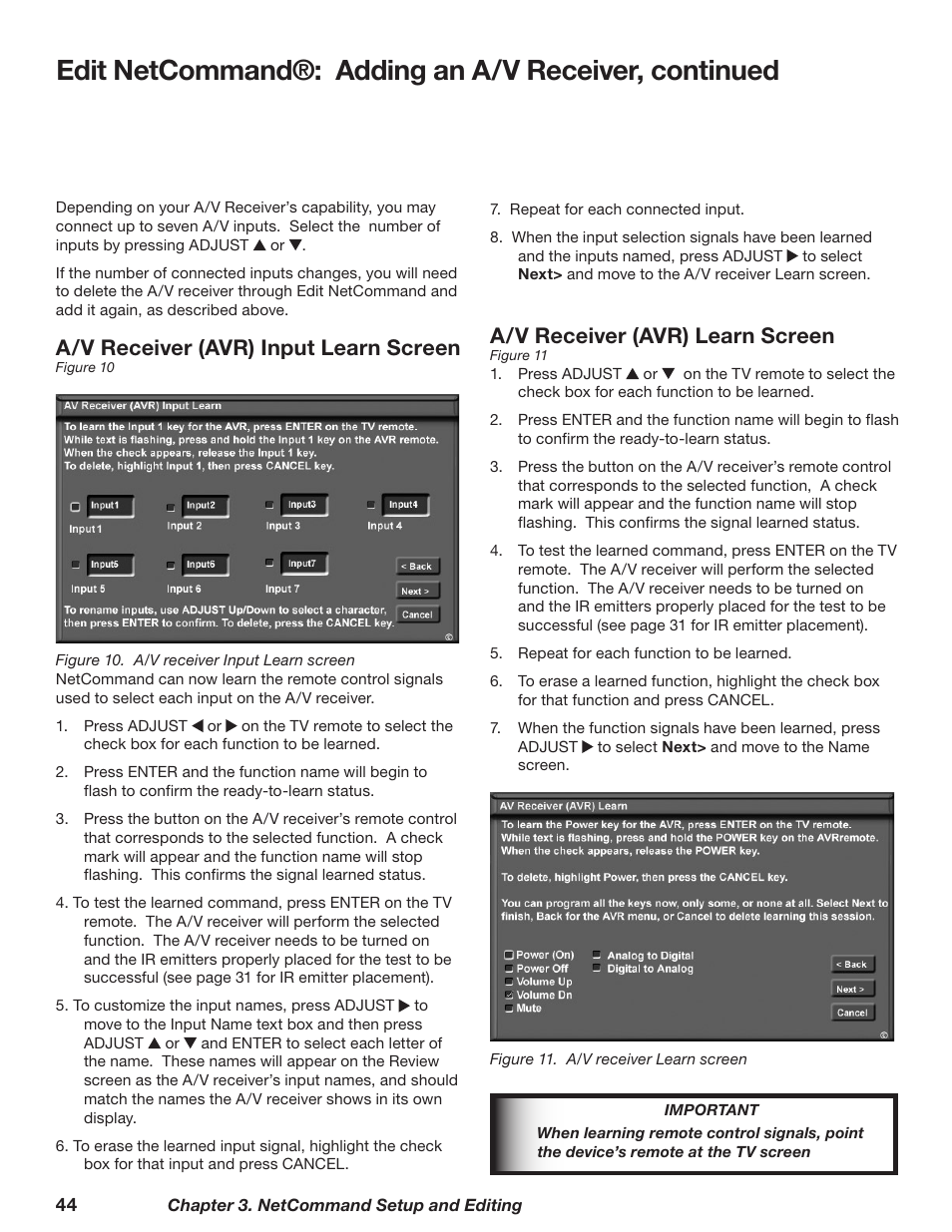 A/v receiver (avr) learn screen, A/v receiver (avr) input learn screen | MITSUBISHI ELECTRIC TM WD-62827 User Manual | Page 44 / 129