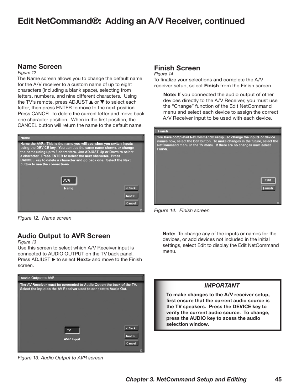 Audio output to avr screen, Finish screen, Name screen | MITSUBISHI ELECTRIC TM WD-62827 User Manual | Page 45 / 129