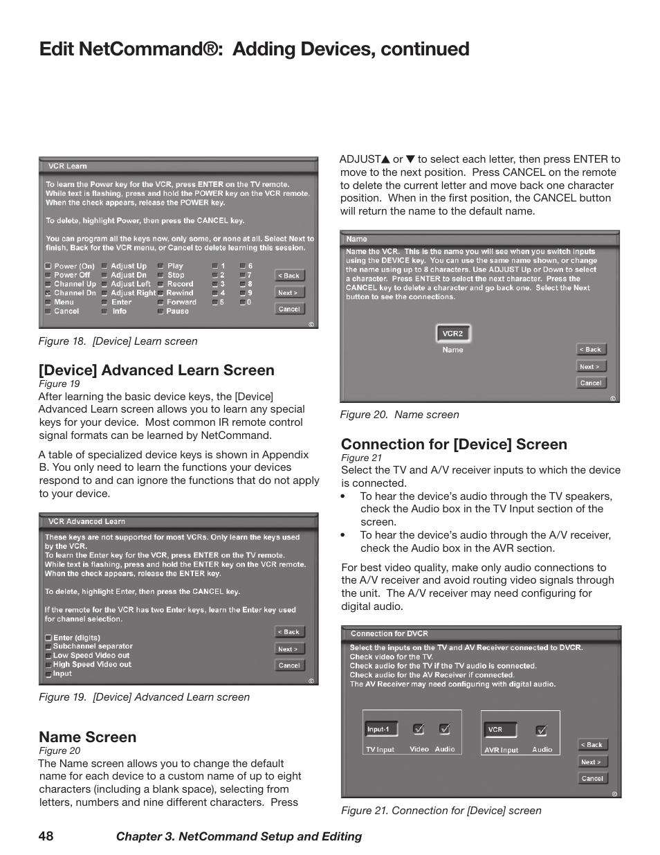 Edit netcommand®: adding devices, continued, Connection for [device] screen, Name screen | Device] advanced learn screen | MITSUBISHI ELECTRIC TM WD-62827 User Manual | Page 48 / 129