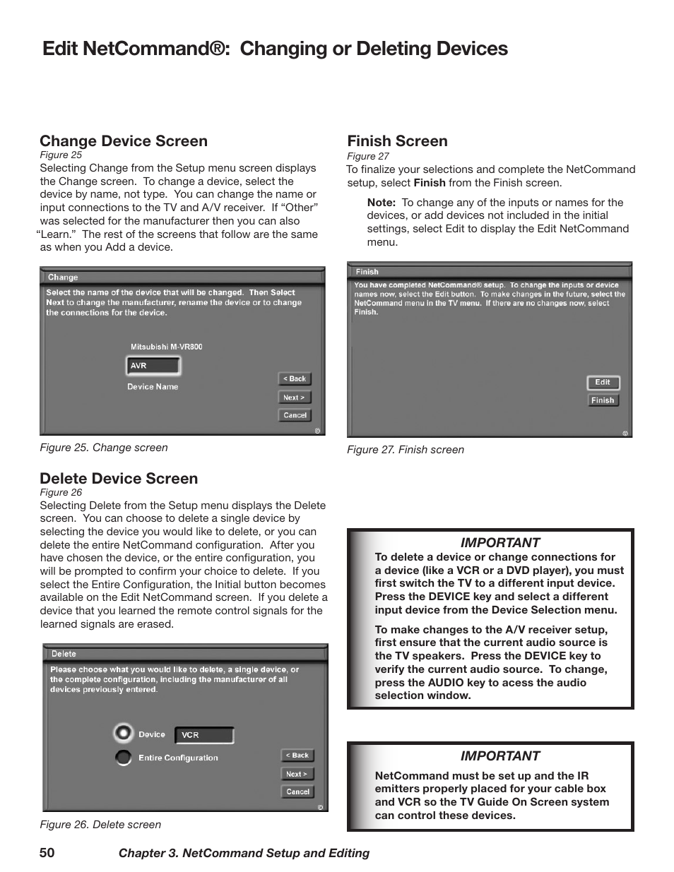 Edit netcommand®: changing or deleting devices, Finish screen, Change device screen | Delete device screen | MITSUBISHI ELECTRIC TM WD-62827 User Manual | Page 50 / 129