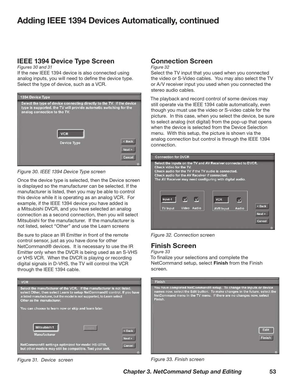 Adding ieee 139 devices automatically, continued, Connection screen, Ieee 139 device type screen | Finish screen | MITSUBISHI ELECTRIC TM WD-62827 User Manual | Page 53 / 129