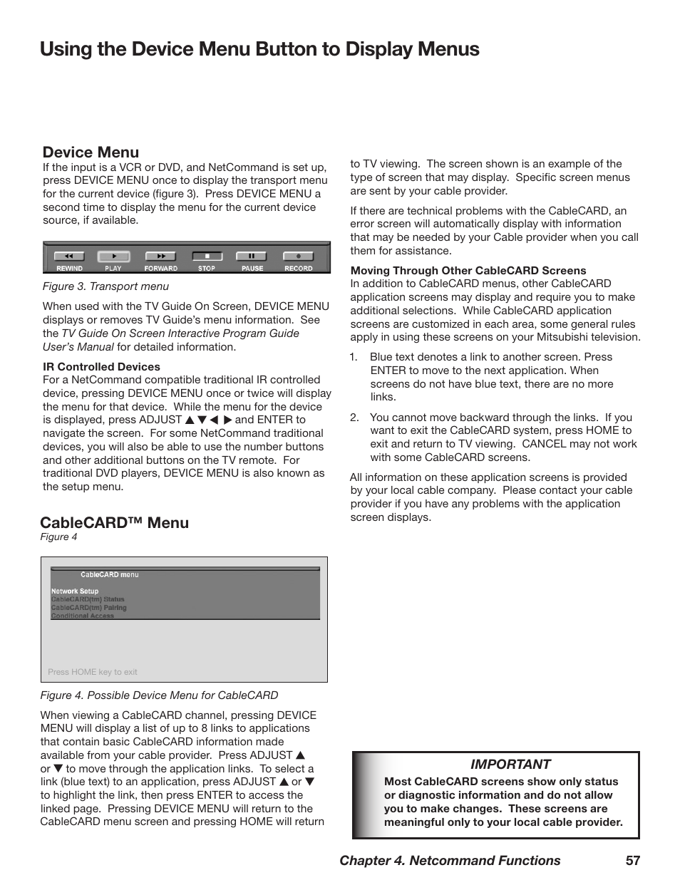 Using the device menu button to display menus, Cablecard™ menu, Device menu | MITSUBISHI ELECTRIC TM WD-62827 User Manual | Page 57 / 129