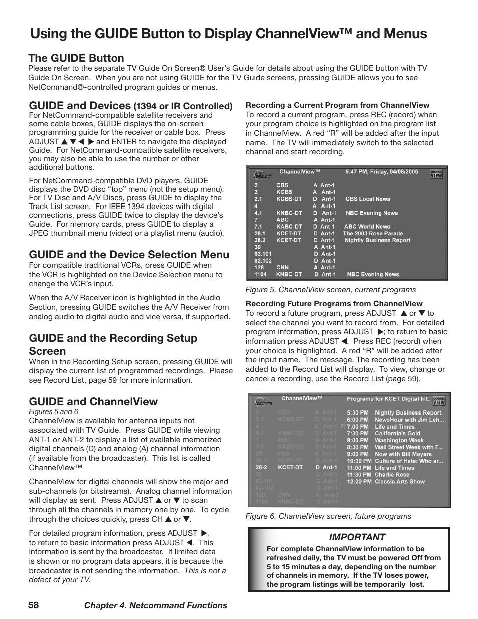 Guide and devices, Guide and the device selection menu, Guide and the recording setup screen | Guide and channelview, The guide button | MITSUBISHI ELECTRIC TM WD-62827 User Manual | Page 58 / 129