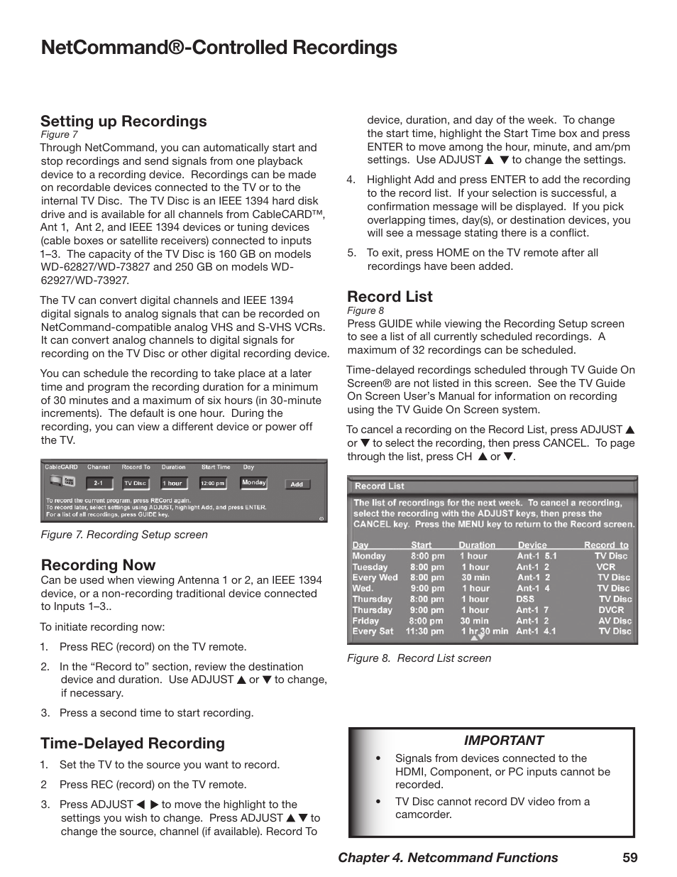 Netcommand®-controlled recordings, Setting up recordings, Recording now | Time-delayed recording, Record list | MITSUBISHI ELECTRIC TM WD-62827 User Manual | Page 59 / 129