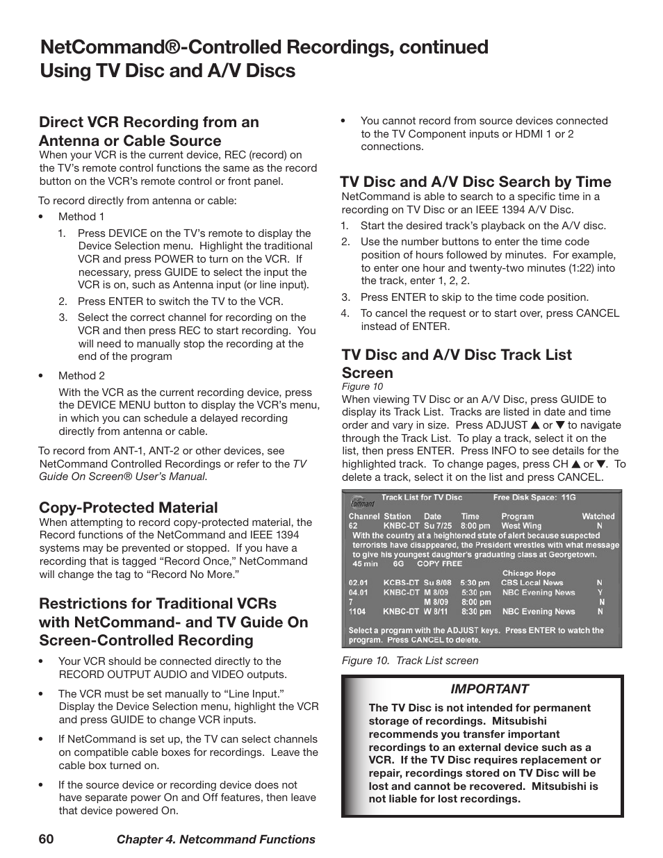 Copy-protected material, Tv disc and a/v disc search by time, Tv disc and a/v disc track list screen | MITSUBISHI ELECTRIC TM WD-62827 User Manual | Page 60 / 129