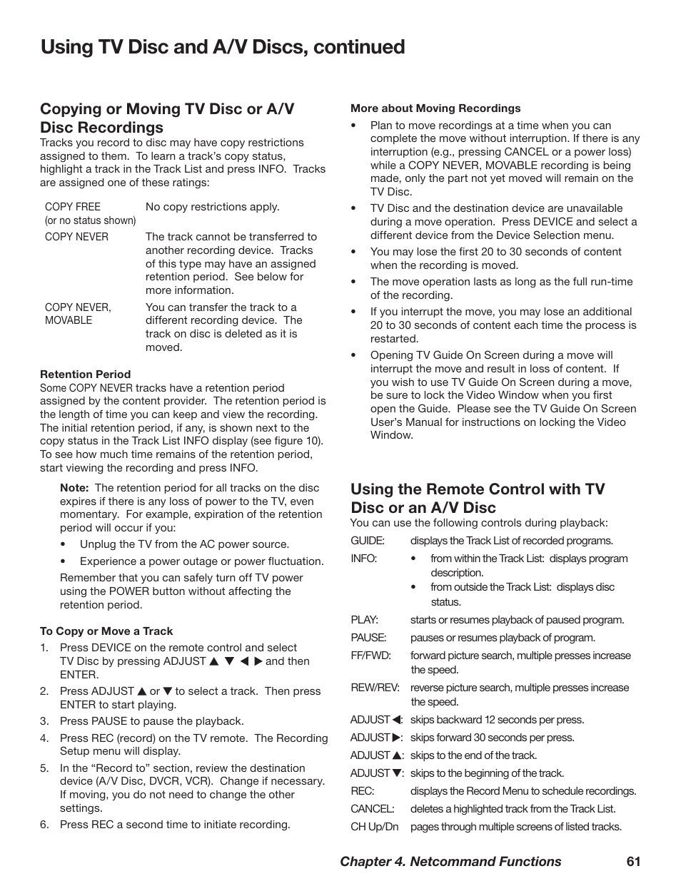 Using tv disc and a/v discs, continued, Copying or moving tv disc or a/v disc recordings | MITSUBISHI ELECTRIC TM WD-62827 User Manual | Page 61 / 129