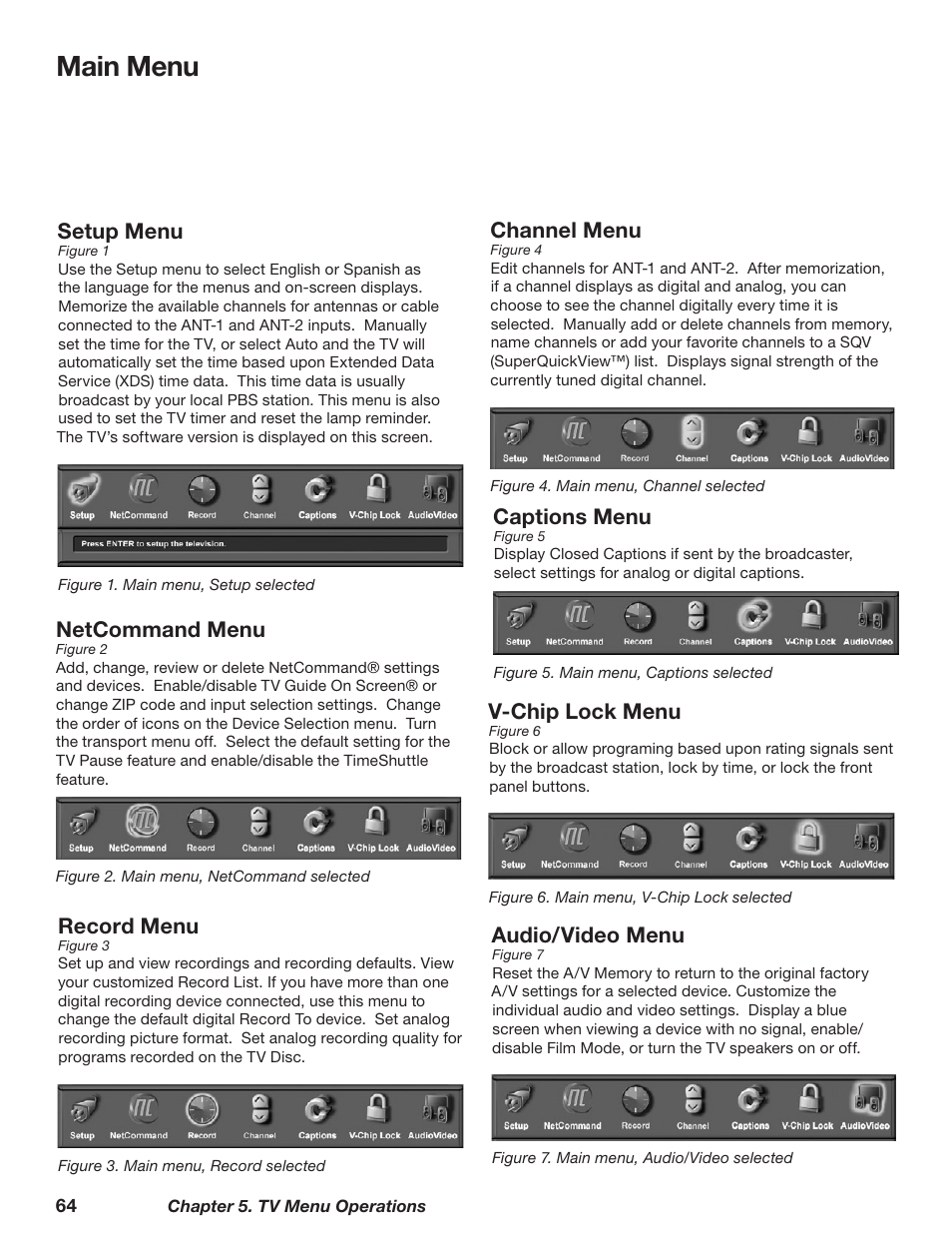 Main menu, Setup menu, Channel menu | Captions menu, V-chip lock menu, Audio/video menu, Netcommand menu, Record menu | MITSUBISHI ELECTRIC TM WD-62827 User Manual | Page 64 / 129