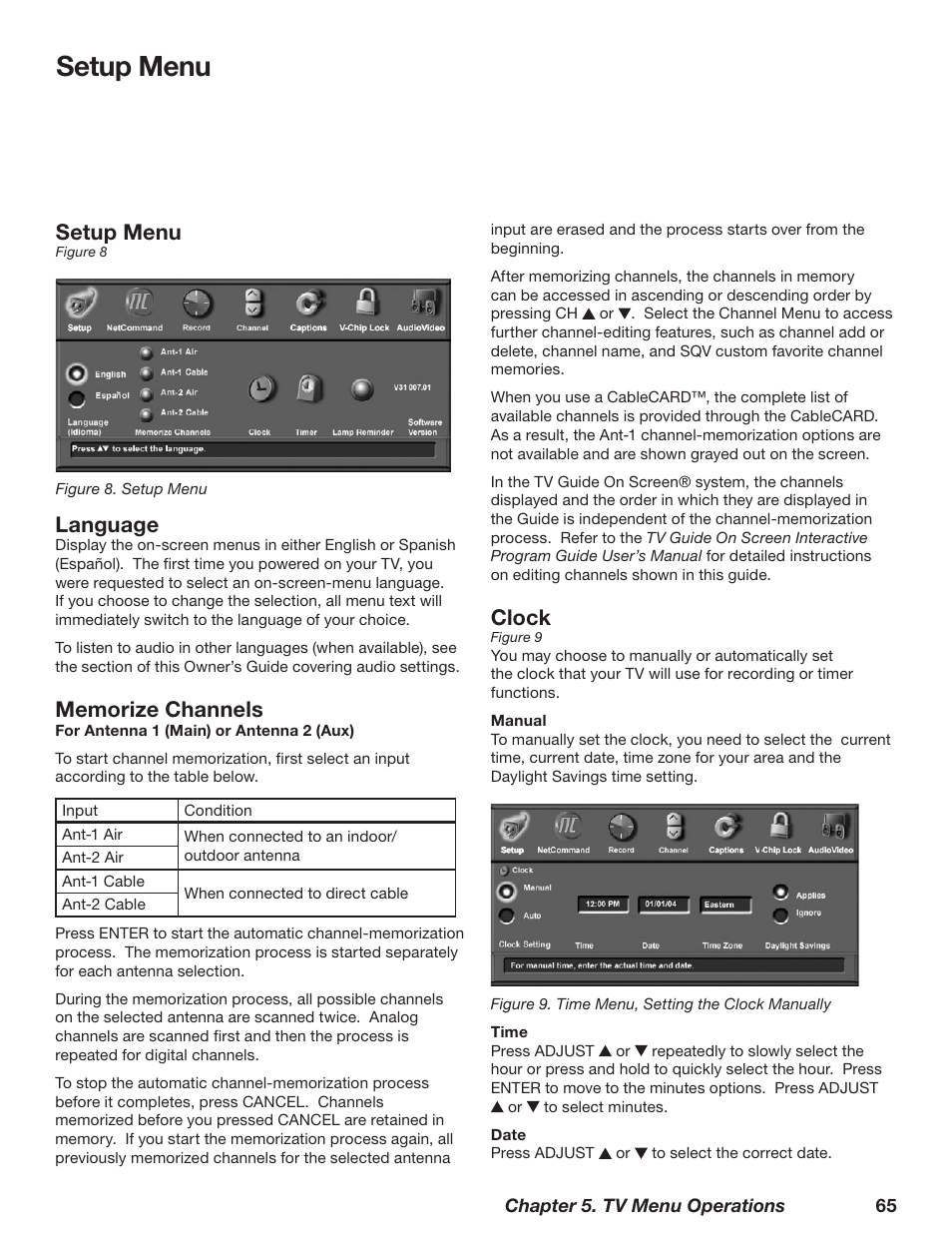 Setup menu, Clock, Language | MITSUBISHI ELECTRIC TM WD-62827 User Manual | Page 65 / 129