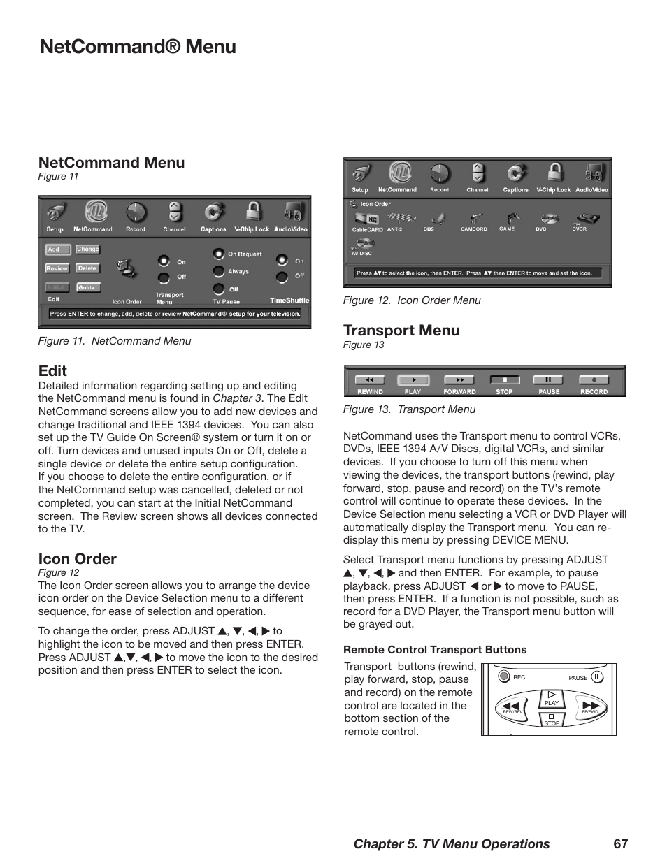 Netcommand® menu, Transport menu, Netcommand menu | Edit, Icon order, Chapter 5. tv menu operations 67 | MITSUBISHI ELECTRIC TM WD-62827 User Manual | Page 67 / 129