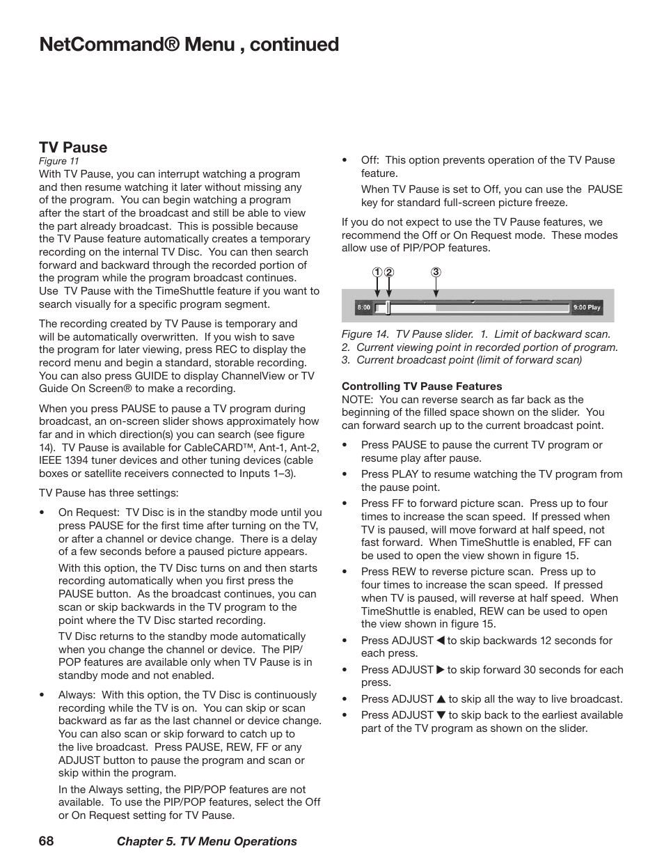 Netcommand® menu , continued, Tv pause | MITSUBISHI ELECTRIC TM WD-62827 User Manual | Page 68 / 129