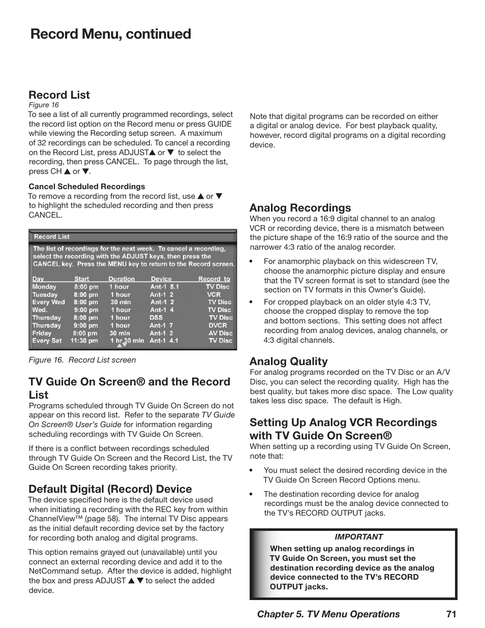 Record menu, continued, Record list, Tv guide on screen® and the record list | Default digital (record) device, Analog recordings, Analog quality | MITSUBISHI ELECTRIC TM WD-62827 User Manual | Page 71 / 129