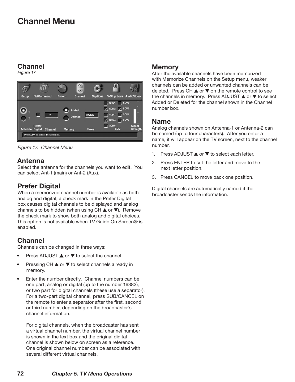 Channel menu, Channel, Antenna | Prefer digital, Name | MITSUBISHI ELECTRIC TM WD-62827 User Manual | Page 72 / 129