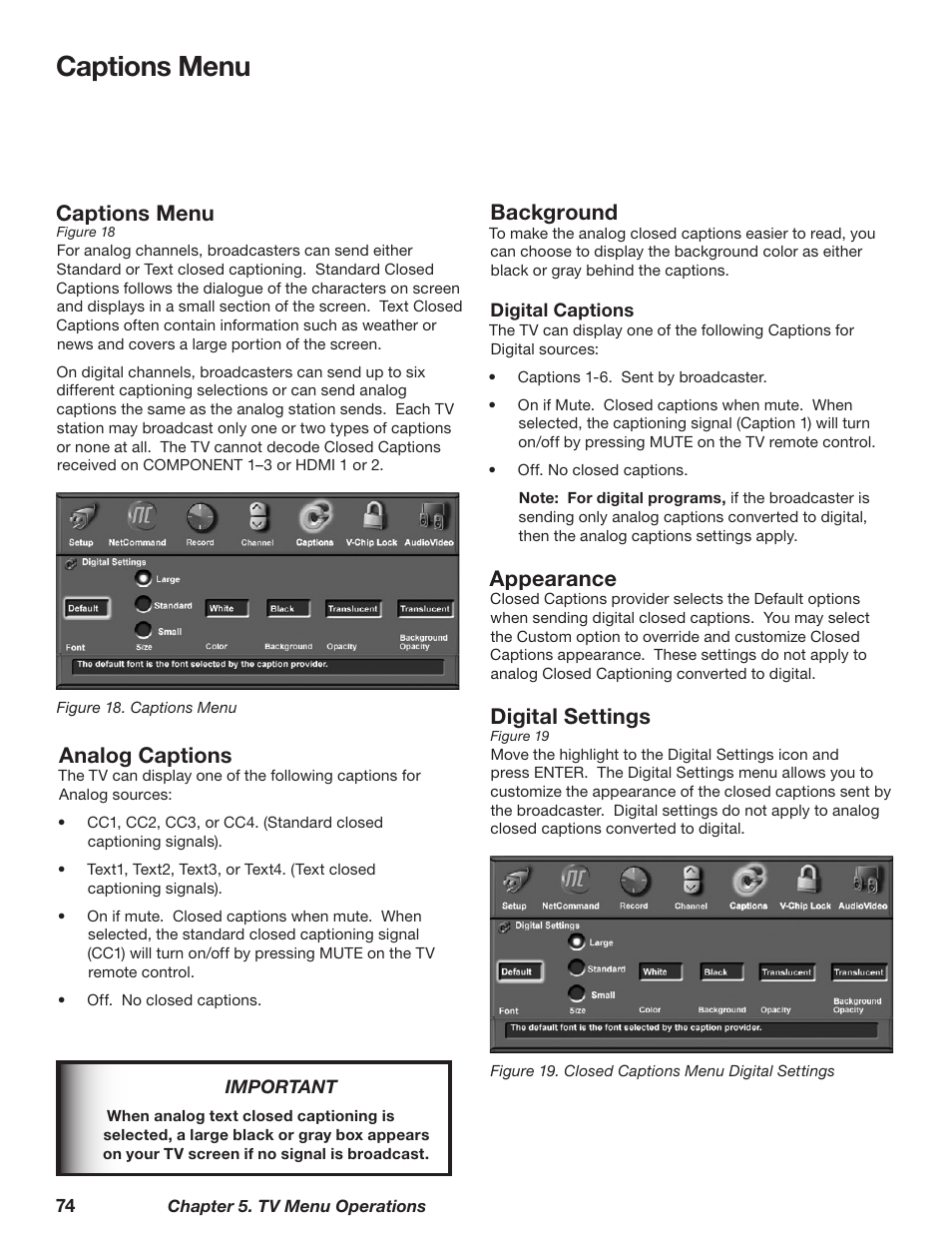 Captions menu, Analog captions, Background | Appearance, Digital settings | MITSUBISHI ELECTRIC TM WD-62827 User Manual | Page 74 / 129